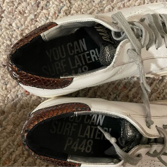 P448 John Leather Shoes White Copper Low Top Lace Casual Sneaker- Size 39 (9) - Picture 5 of 10